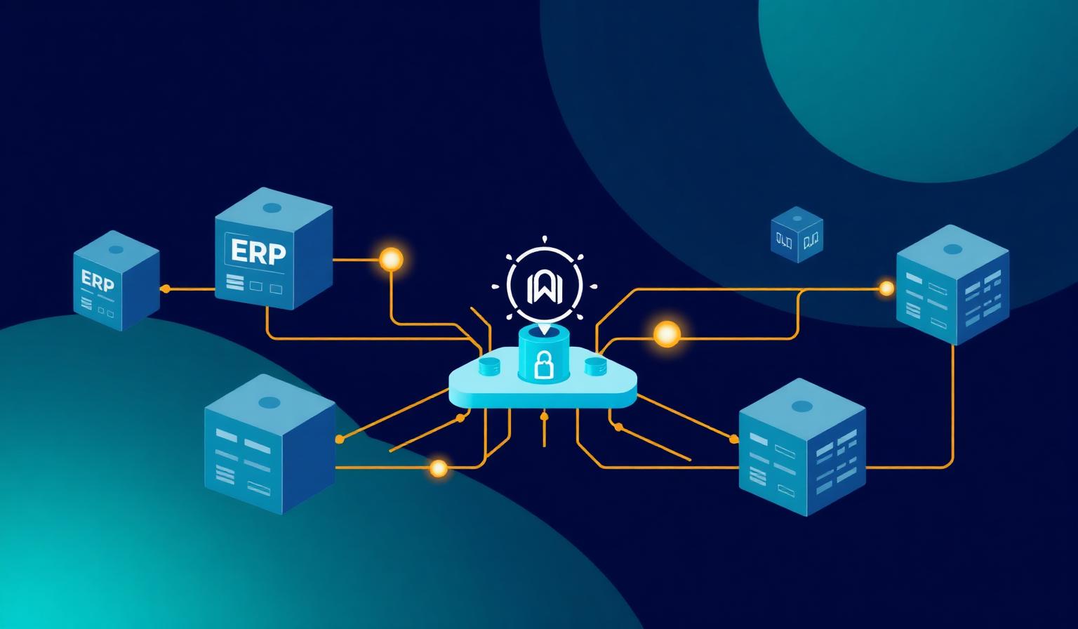 Enterprise ERP systems connected to a central AI orchestration hub with secure data pipelines