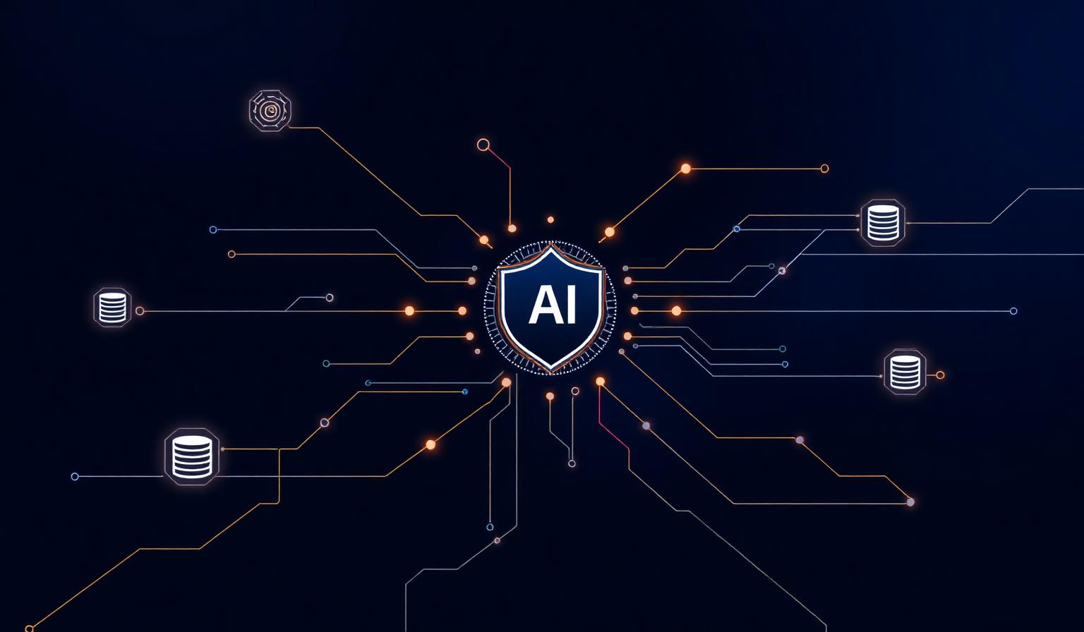 Abstract diagram of an AI integration platform connecting enterprise systems through a secure control hub