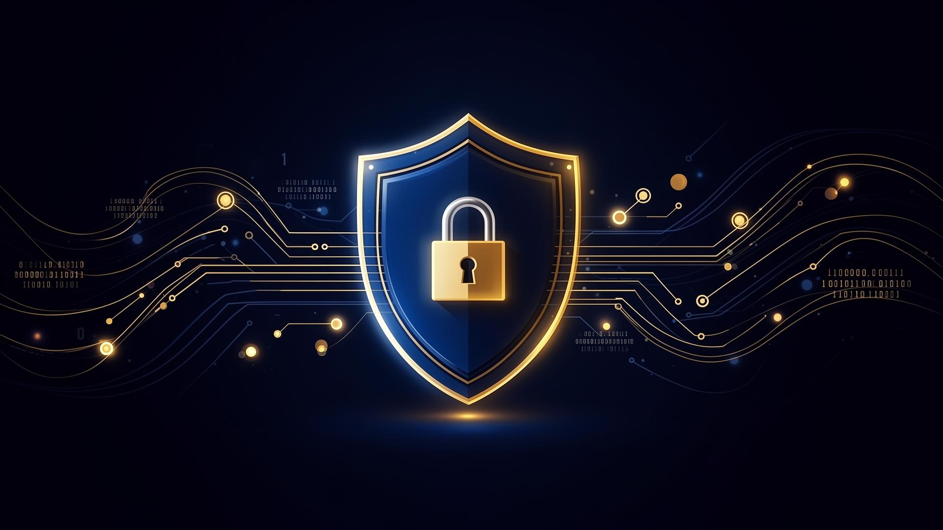Abstract shield with padlock surrounded by data nodes representing GDPR compliant AI architecture